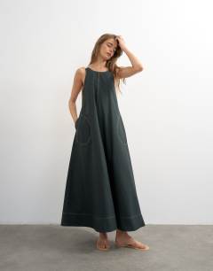 Open back buckle strap maxi sundress with contrast topstitching in black