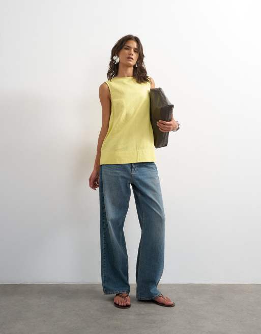 Topshop open back chuck on linen rich tank in muted lime, 3 of 4