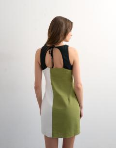 Model wearing Open back linen mini dress in khaki colour block