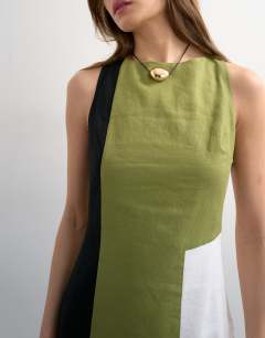 Model wearing Open back linen mini dress in khaki colour block