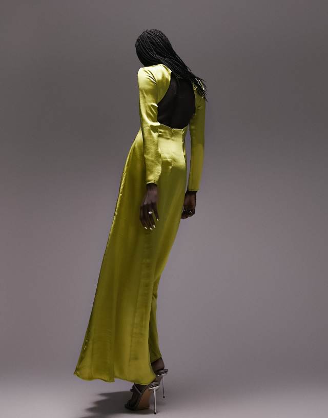 Topshop open back long sleeve satin occasion maxi dress in chartreuse