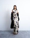 [Topshop] Topshop open back satin midi dress in black white floral 18 Black