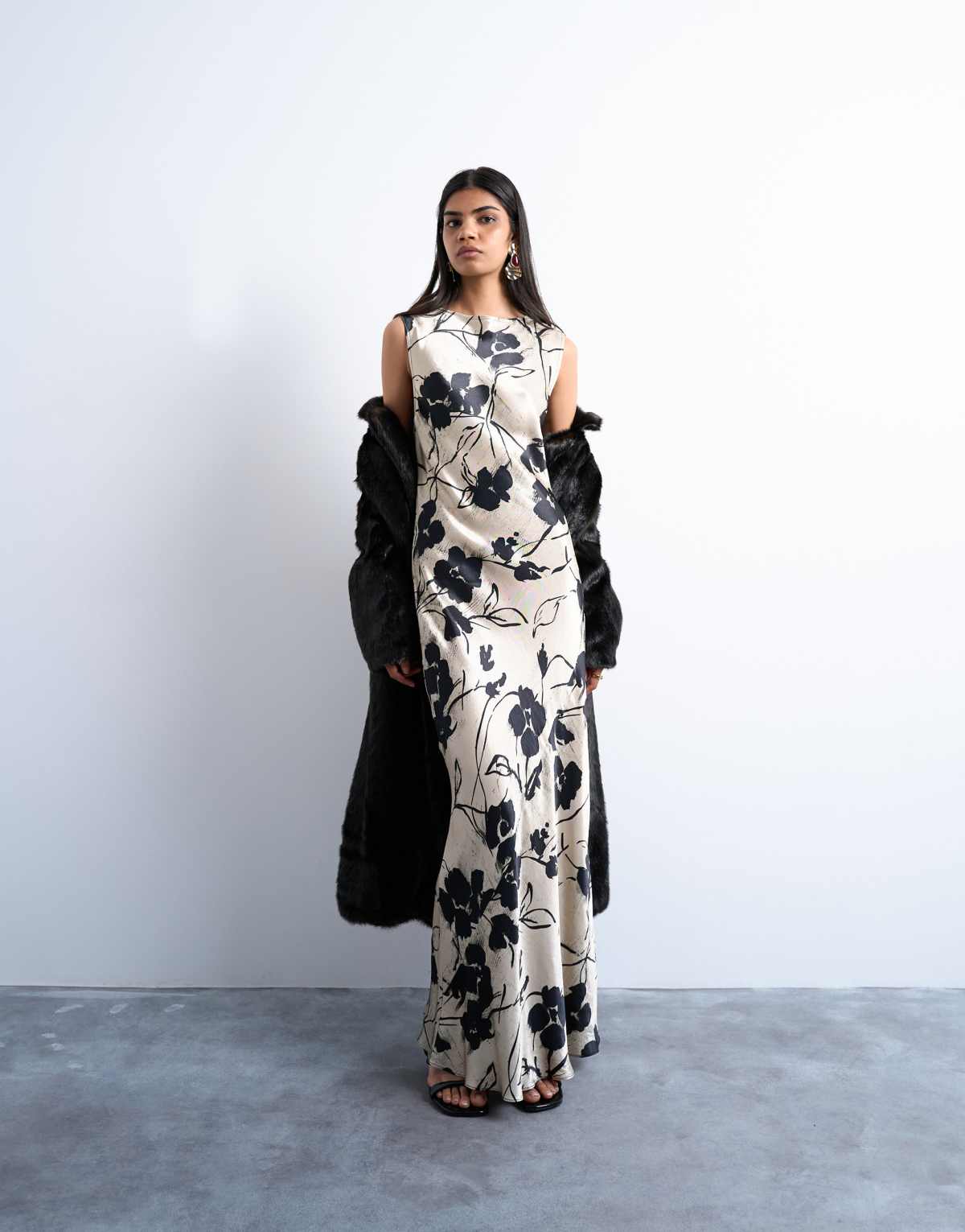 Topshop open back satin midi dress in black white floral