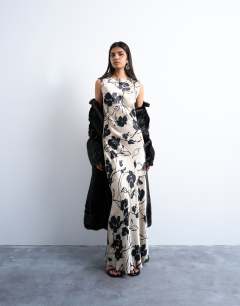 Open back satin midi dress in black white floral