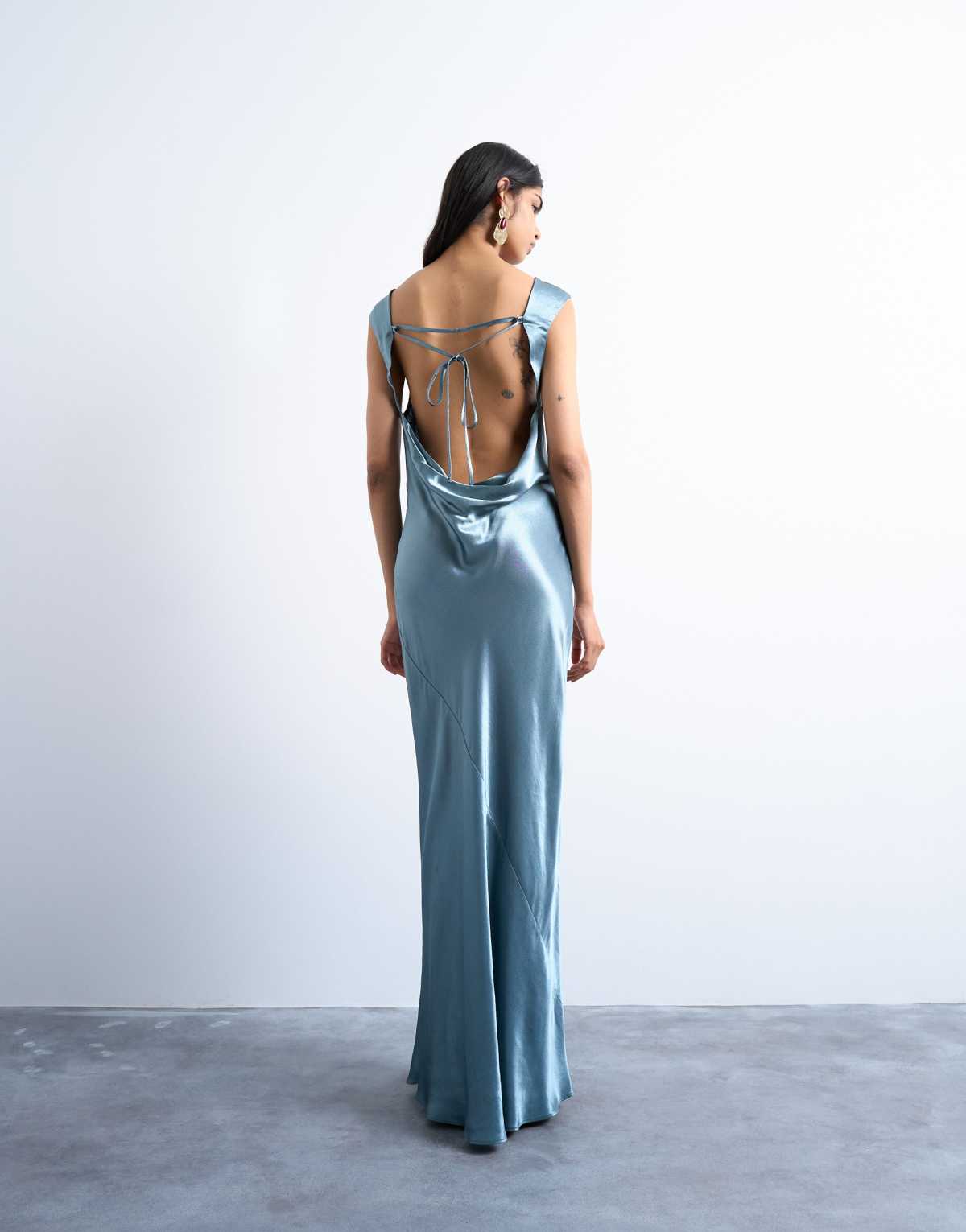 Topshop open back satin midi dress in slate
