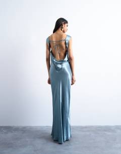Open back satin midi dress in slate