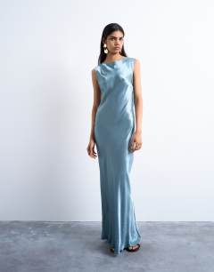 Model wearing Open back satin midi dress in slate