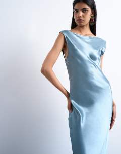Model wearing Open back satin midi dress in slate