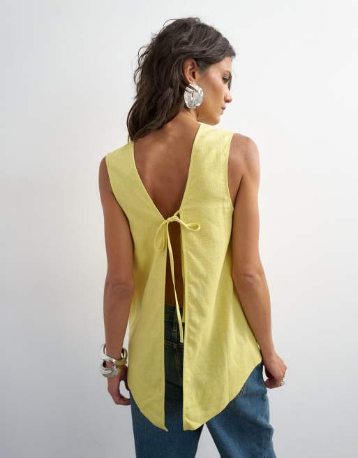 Topshop open back throw on linen rich tank top in muted lime, 2 of 4