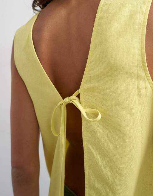 Topshop open back throw on linen rich tank top in muted lime, 4 of 4
