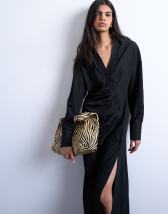 Topshop open collar ruched long sleeve midi shirt dress in black