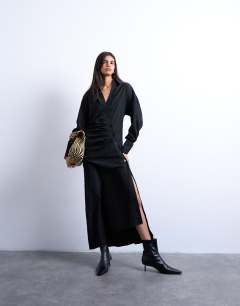 Model wearing Open collar ruched long sleeve midi shirt dress in black