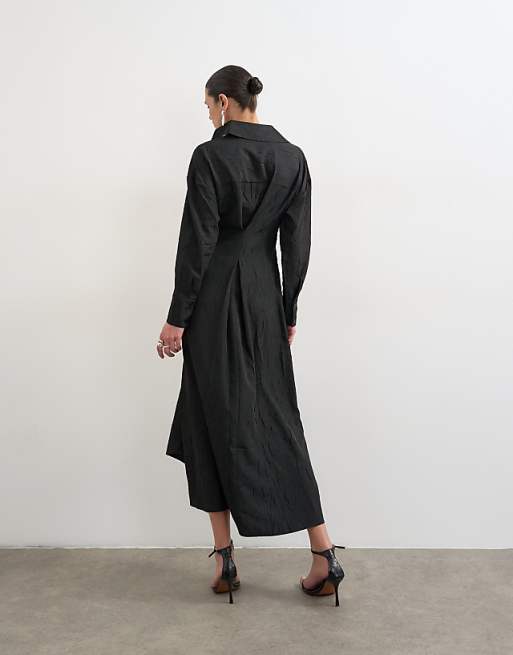 black midi shirt dress The Supima Cotton COS Womens Belted Collarless Midi Shirt Dress in Black Patou | Pleated silk midi