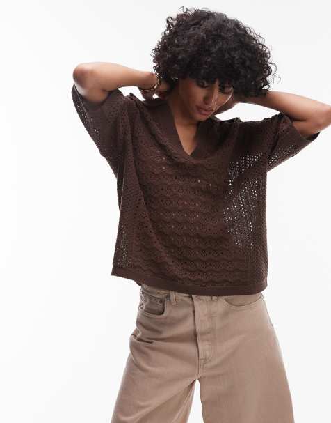 Topshop open stitch polo top in chocolate - view 1