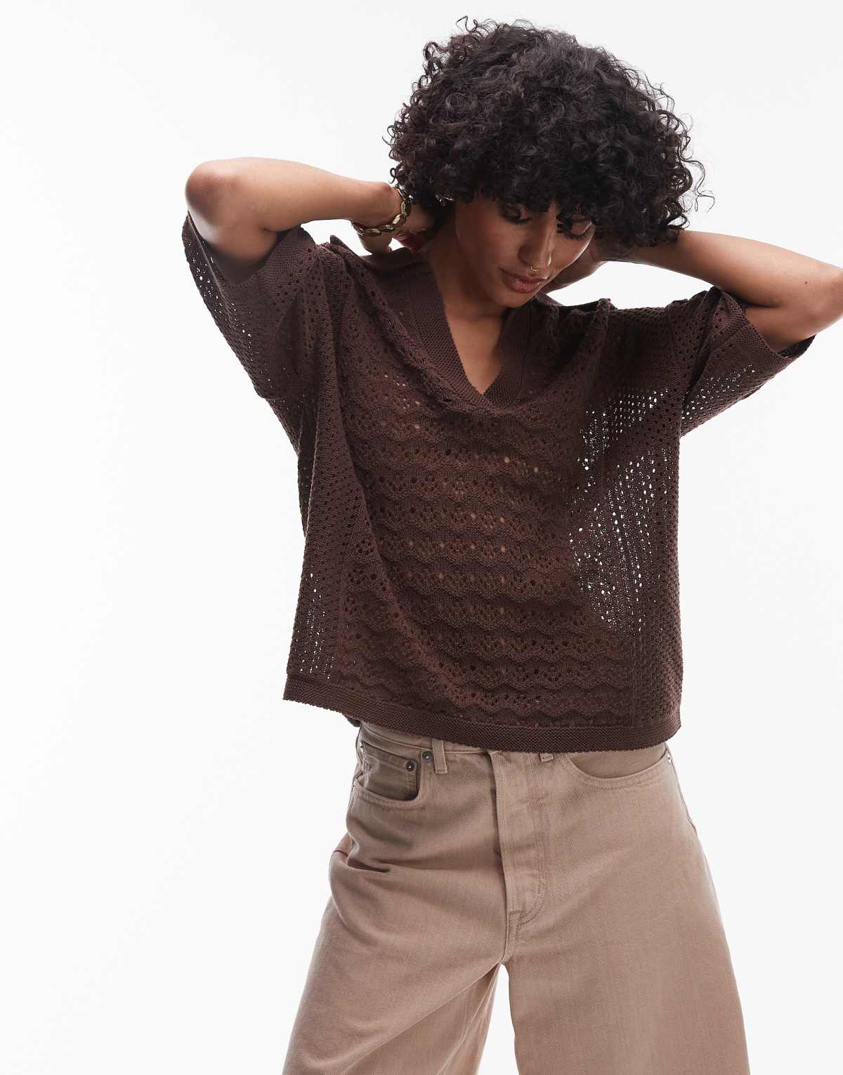 Topshop open stitch polo top in chocolate