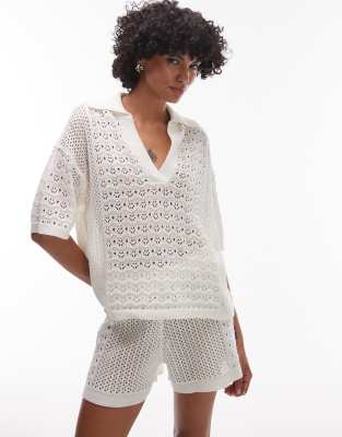 Topshop Open Stitch Polo Top In White