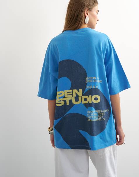 Topshop 'Open Studio' T-shirt oversize grafica blu - view 1