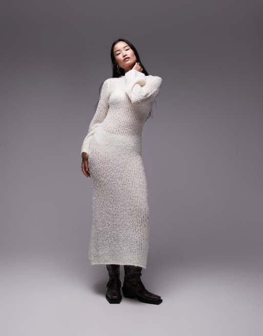 Topshop - Opengebreide bouclé maxi jurk in ivoorwit