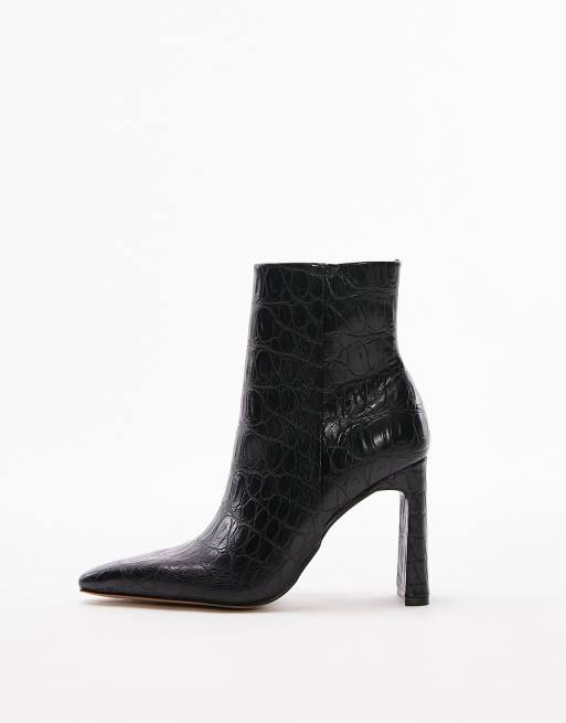 Topshop – Ophelia – Czarne botki do kostki z motywem skóry krokodyla z noskami w szpic