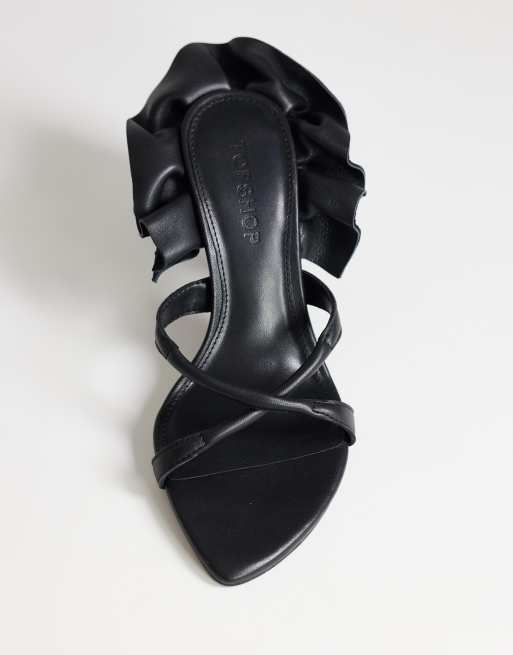 Topshop Ophelia real leather high heel sandals with ruffle in black, 3 of 4