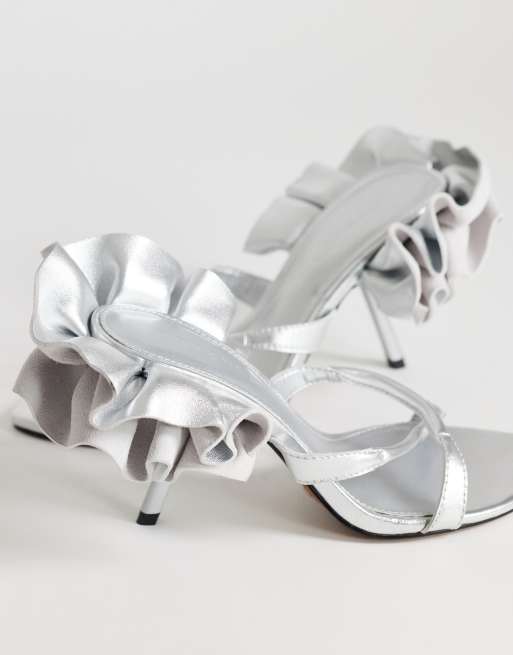 Topshop Ophelia real leather high heel sandals with ruffle in silver, 4 of 4