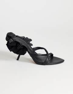 Ophelia real leather high heeled sandal with ruffle in black