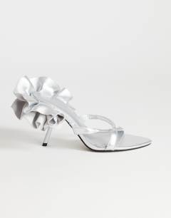 Ophelia real leather high heeled sandal with ruffle in silver