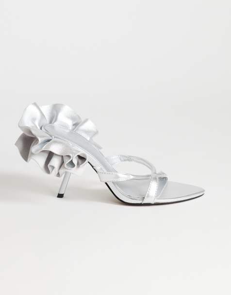 Topshop Ophelia real leather high heeled sandals with ruffle in silver - view 1