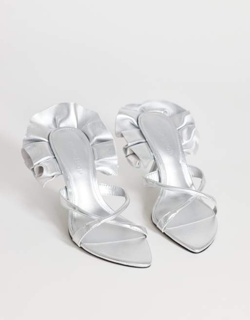 Topshop Ophelia Sandale aus echtem Leder mit Absatz und Rüsche in Silber, 2 von 4
