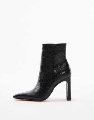 Topshop - Ophelia - Spitze Stiefeletten in Kroko-Schwarz mit hohem Absatz