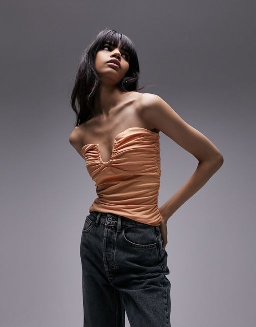 Topshop - Orange bandeau-top med rynkede sider