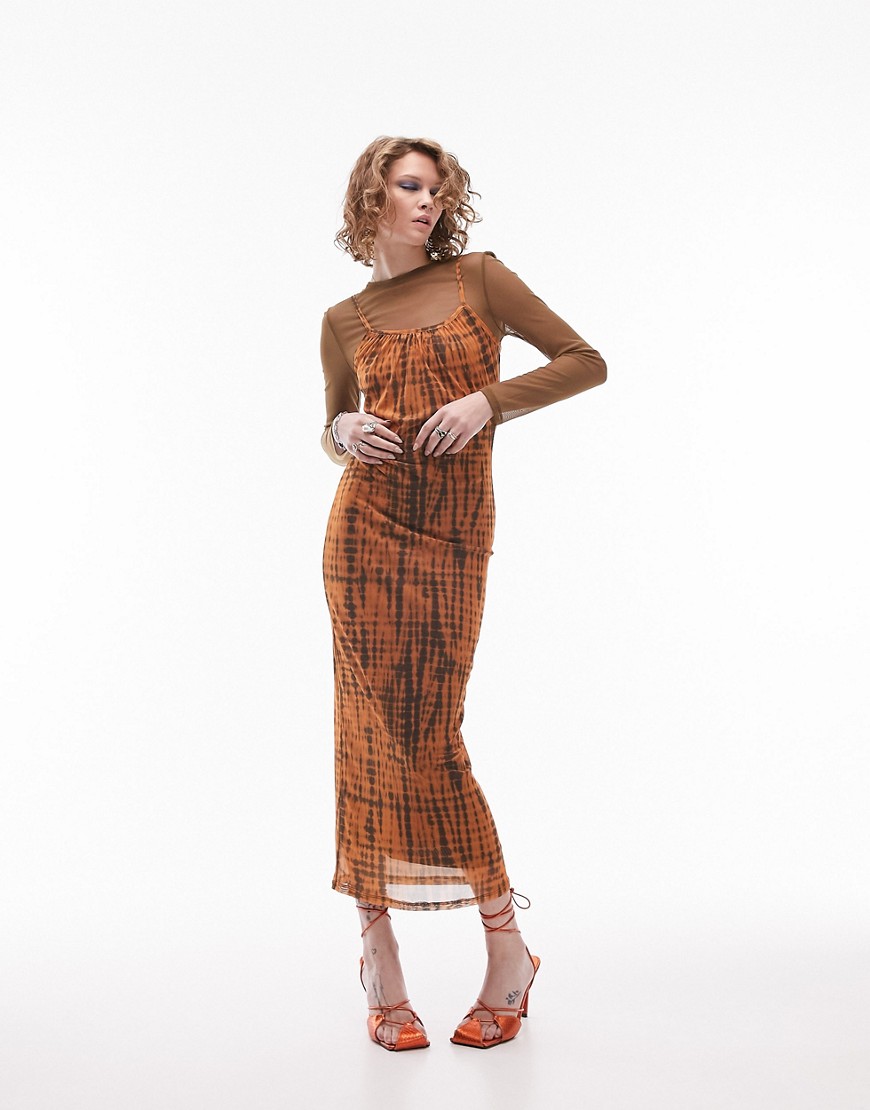 topshop - orange batikmönstrad midiklänning med långa ärmar i mesh och lager