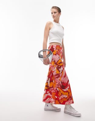 Topshop Orange Floral Print Bias Maxi Skirt In Multi