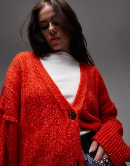 Topshop – Orange, fluffigt ribbstickad kofta med v-ringning, 4 av 4