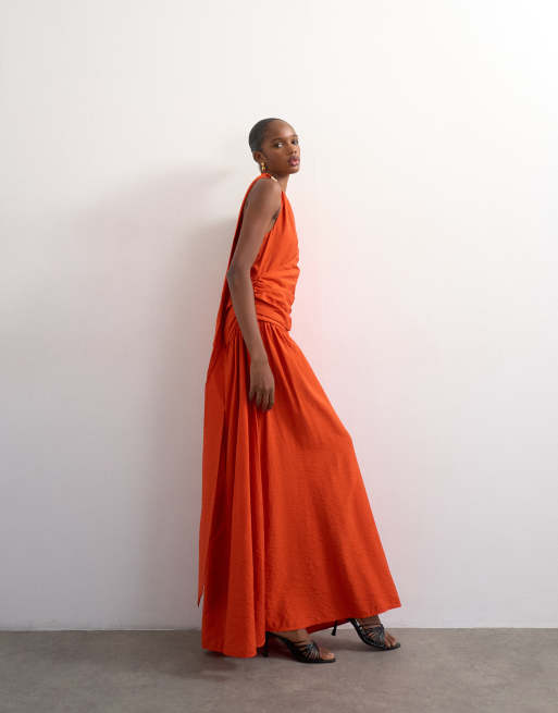 Topshop - Orange maxikjole med dyb udskæring og tørklædehals samt metaldetalje, 3 af 4