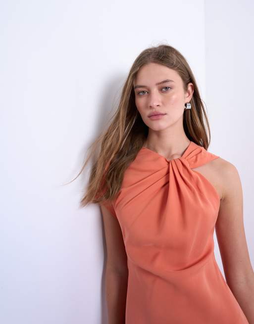 Topshop – Orange midiklänning med asymmetrisk ärm och knut vid halsen, 4 av 4