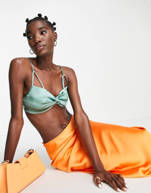 Topshop - Orange midinederdel i satin med asymmetrisk snit, 4 af 4