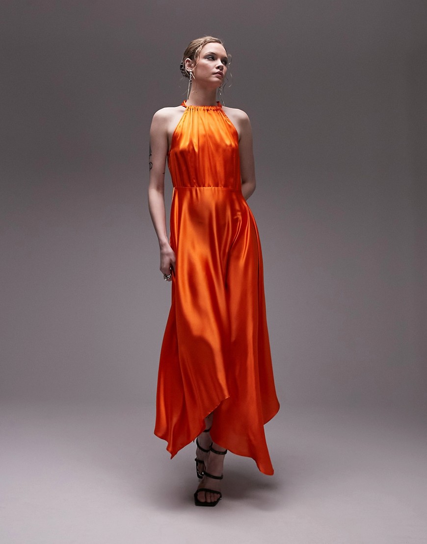 topshop - orange mönstrad maxiklänning med halterneck och asymmetrisk nederkant