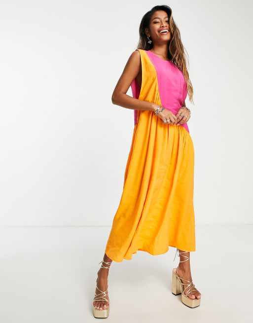 Topshop - Orange og pink midikjole med asymmetrisk søm og farveblok , 4 af 4
