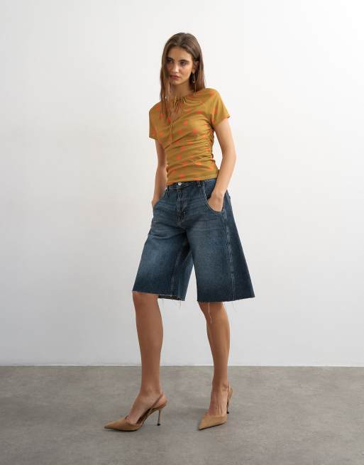 Topshop – Orange, prickig topp i mesh med korta ärmar och nyckelhålsöppning, 2 av 4