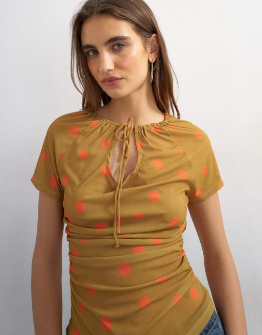 Topshop – Orange, prickig topp i mesh med korta ärmar och nyckelhålsöppning, 4 av 4