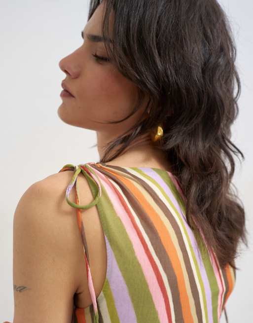 Topshop – Orange, randig, asymmetrisk topp i mesh med rynkade axlar, 3 av 4