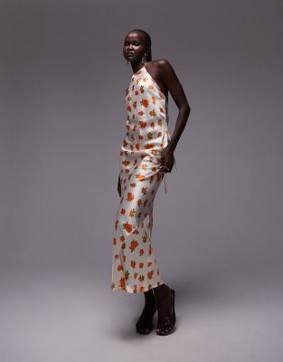 Topshop Orange Rose Halter Neck Maxi Dress In Multi