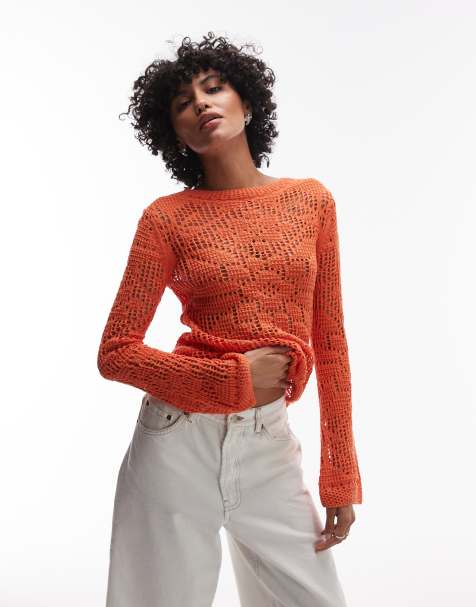 Topshop – Orange stickad spetstopp med långa ärmar och rak halsringning - view 1