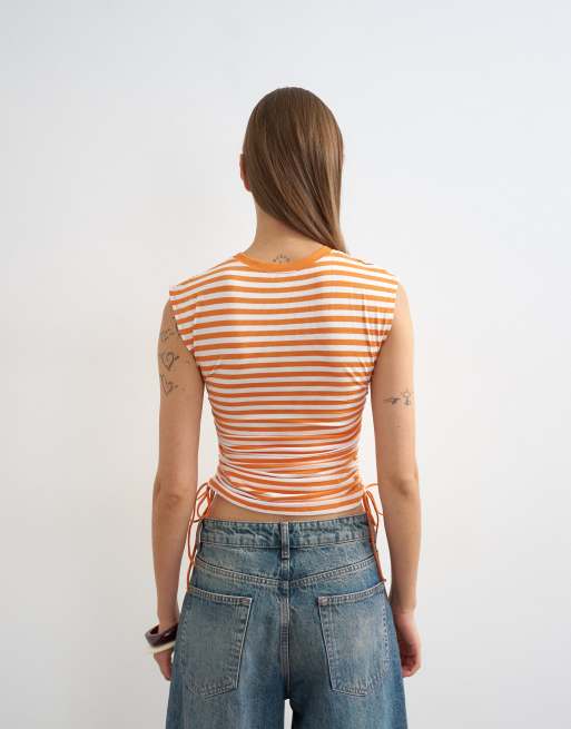 Topshop - Orange stribet tanktop med løbesnor og rynker, 4 af 4