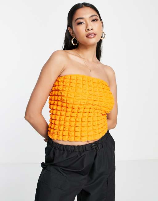 Topshop – Orange strukturerad topp med bandeauringning