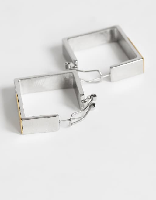 Topshop - Orecchini a cerchio squadrati in acciaio inossidabile impermeabile argento con oro, 2 di 4