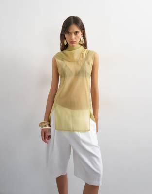Topshop organza collapsed funnel neck top in muted lime