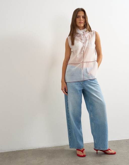 Topshop organza collapsed funnel neck top in white with contrast binding, 2 of 4