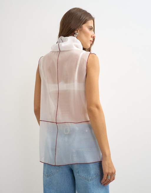 Topshop organza collapsed funnel neck top in white with contrast binding, 4 of 4